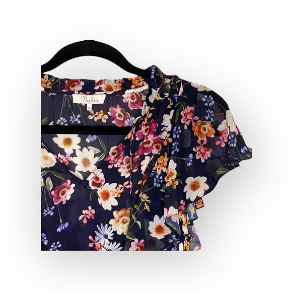 Parker ๐ Floral Silk A-Line V Neck Dress ๐ Scalloped Ruffles ๐ Navy ๐ XS ๐ - Picture 5 of 16